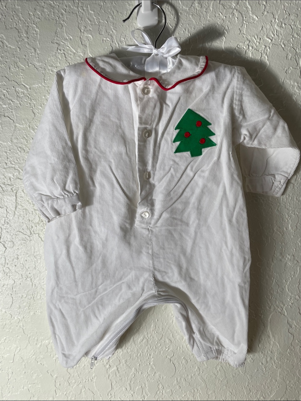 White Corduroy Holiday Tree Appliqué Baby Romper with Red Trim